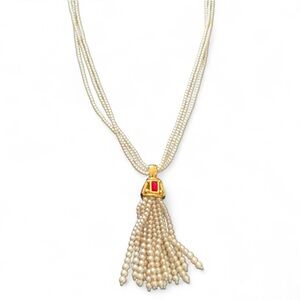 Vintage Givenchy Long Pearl Tassel Necklace with Gold and Red Rhinestone Accents